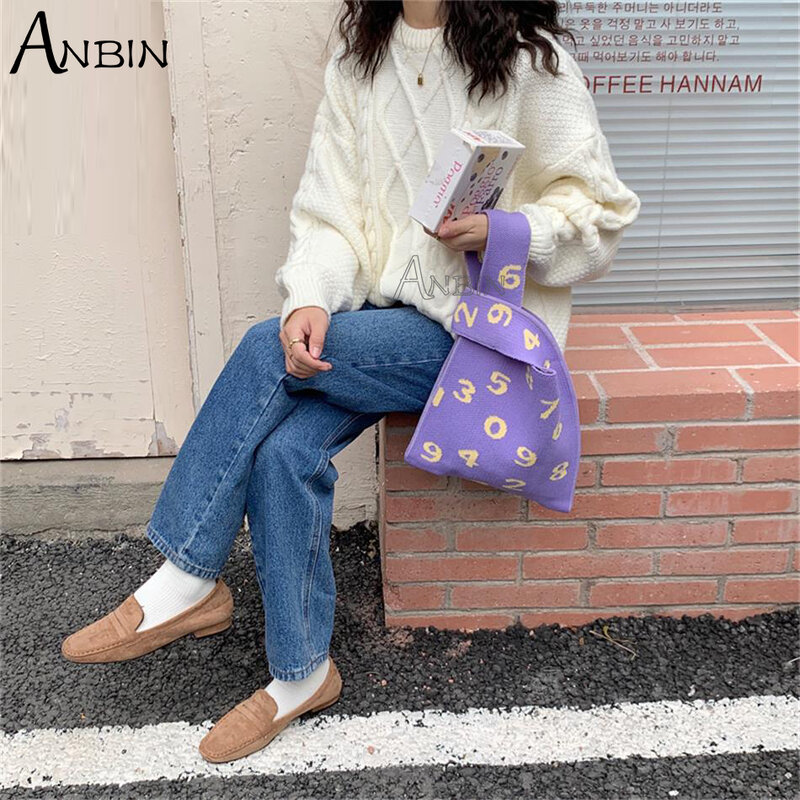Tecido de tricô feminino ombro sacos de pulso estilo japonês número padrão design tote casual tecer bolsa feminina sacola de compras