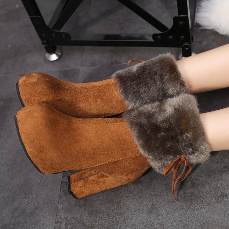 2019 botas de nieve de tacón de Invierno para mujer botas de tobillo botas de nieve de felpa calientes zapatos de moda de mujer tacones cuadrados altos