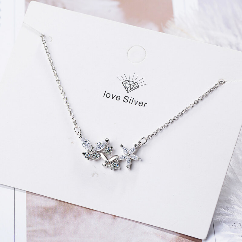 Fanqieliu cristal transparente flor borboleta pingentes 925 colar de prata esterlina para as mulheres na moda pingente colar fql20275