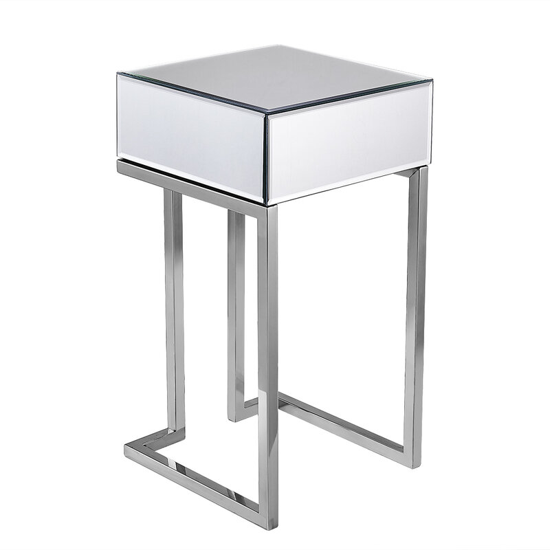 Panana Mirrored Glass Bedside Table With Drawer Glass Mirror Bedroom Furniture Nightstand Geometry Chrome Legs Livingroom