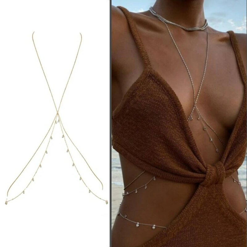 Rantai Pinggang Perut Kristal Rumbai Multi Lapis Baja Tahan Karat Rantai Tubuh untuk Wanita Perhiasan Tubuh Pantai Bikini Seksi Eropa Baru