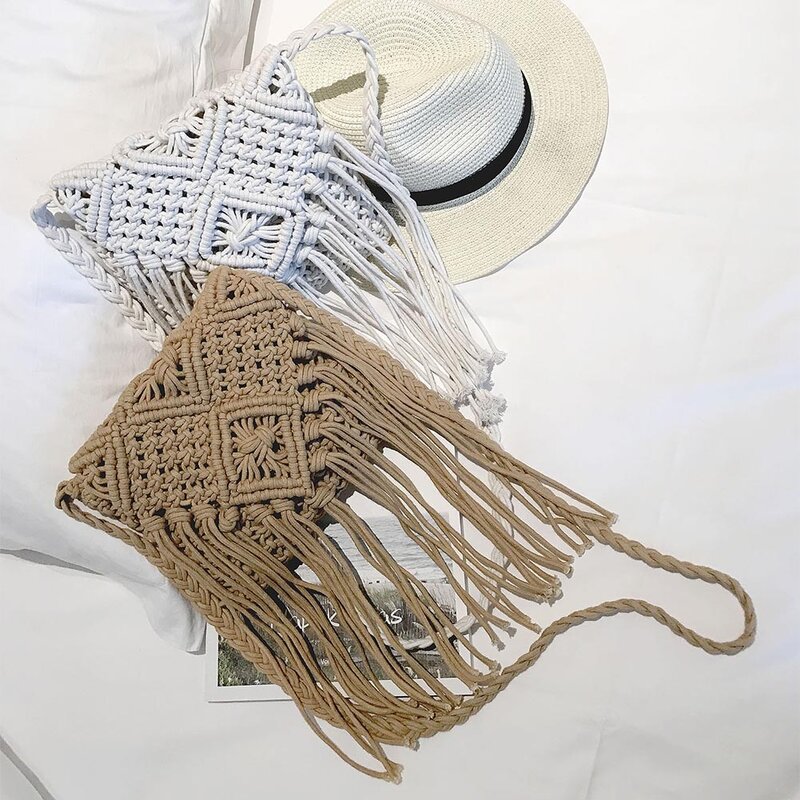 Damska artystyczna, bawełniana lina tkana na zamek błyskawiczny klapa na ramię torba Crossbody kurierska letnia plaża wakacje Mini kwadratowe torebki z frędzlami