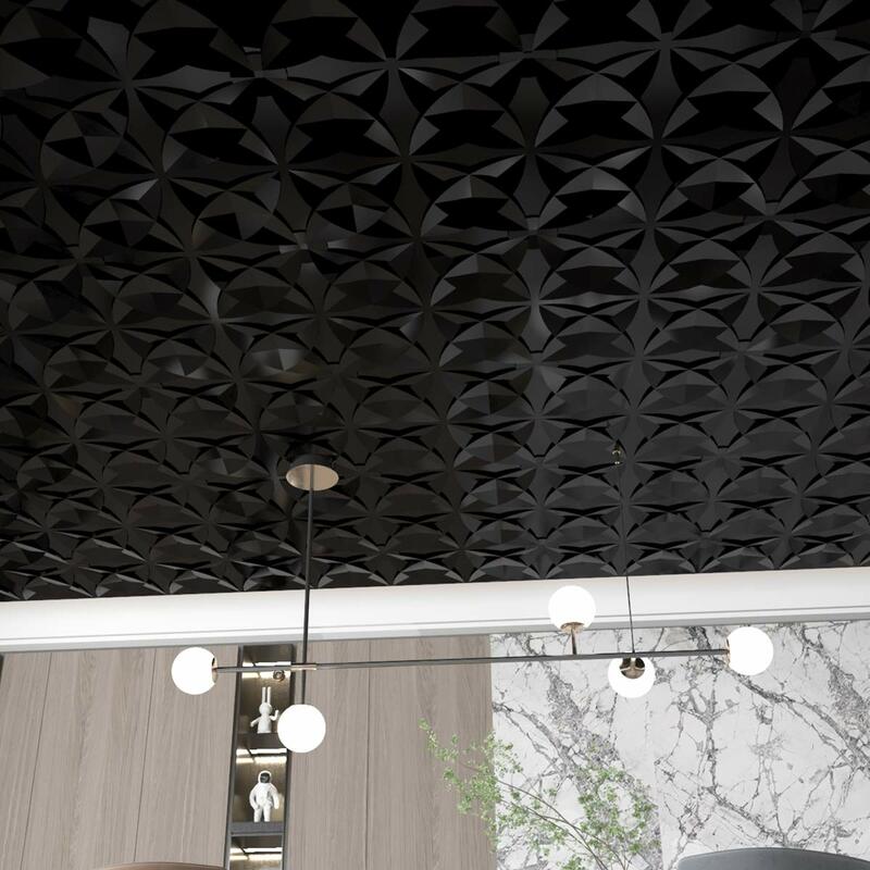 12PCS Plastic 3D Suspended Ceiling Tile Black Floral (60x60cm)