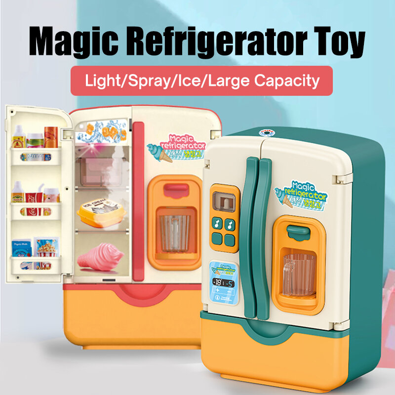 Kids Toy Frigorífico Refrigerador Acessórios com Ice Dispenser, Role Playing Appliance for Kids, Kitchen Set, Food Toys for Girls and Boys