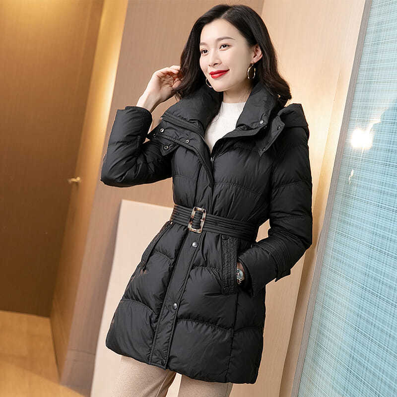 하이 엔드 여성의 겨울 흰 오리 재킷 2021 새로운 여성의 중간 길이 패션 슬림 허리 세련된 한국어 하라주쿠 재킷 A5698