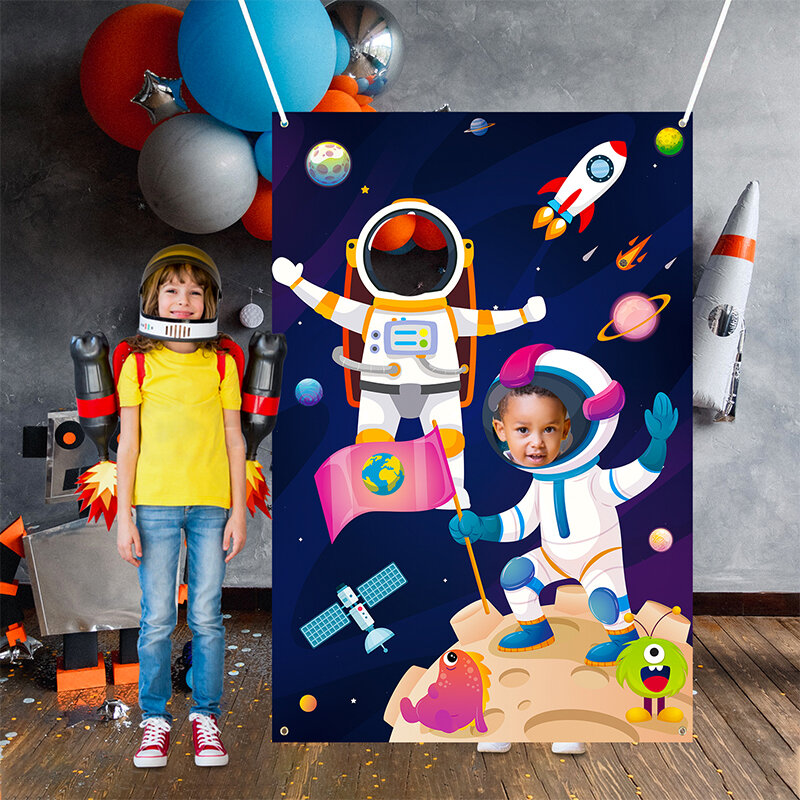 Space Photo Backdrop Props Banner Astronaut Face Photography Background Universe Theme Pretend Play Party Game Supplies for Kids