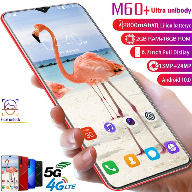 M60 + 6.7 Water Drop Screen 2 + 16GB True Fingerprint Mobile Phone Facial Recognition Battery 4800mAh Android 10.0 Smart Phone