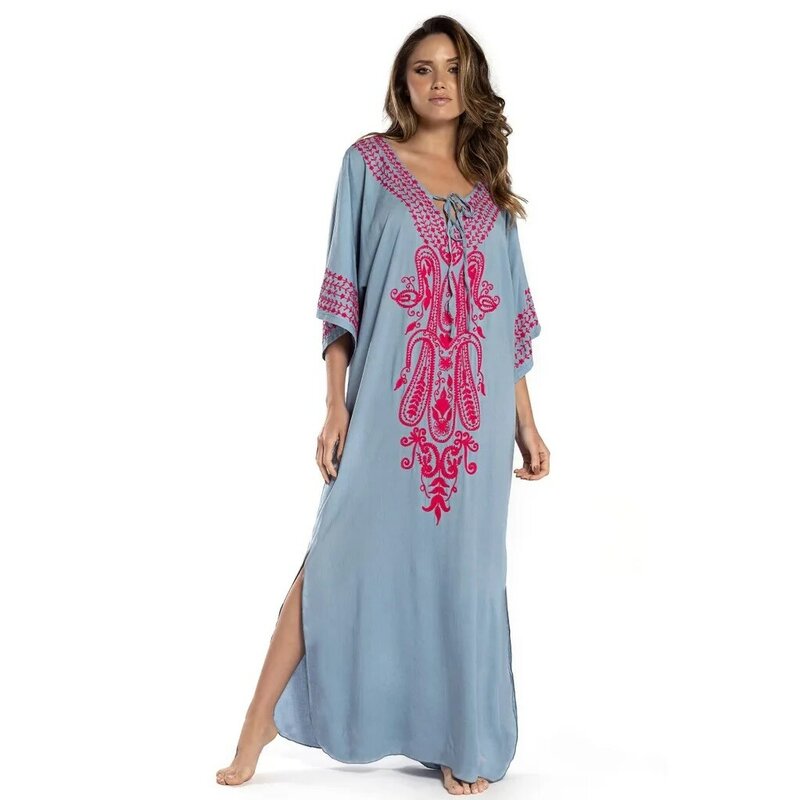5 cores bordado algodão praia cover-ups saida de praia maiô feminino biquíni cobrir túnicas pareo sarong beachwear