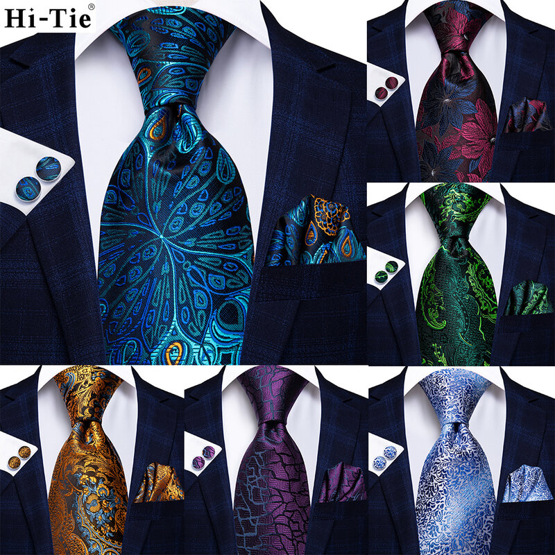 Hi-Tie Peacock 블루 참신 디자인 실크 웨딩 남성용 손수건 커프스 단추 선물 남성 넥타이 세트, 비즈니스 파티 드롭쉬핑
