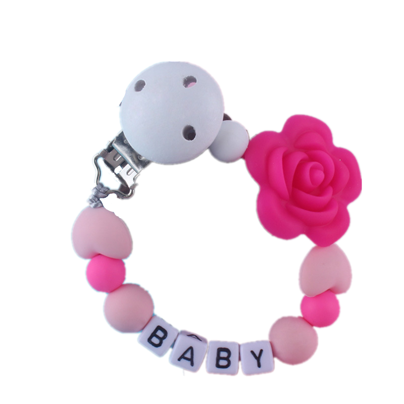 Chupetero de Silicona con nombre personalizado, cadena de chupete de flor rosa, juguete de dentición artesanal, Clips de Chupetero personalizados