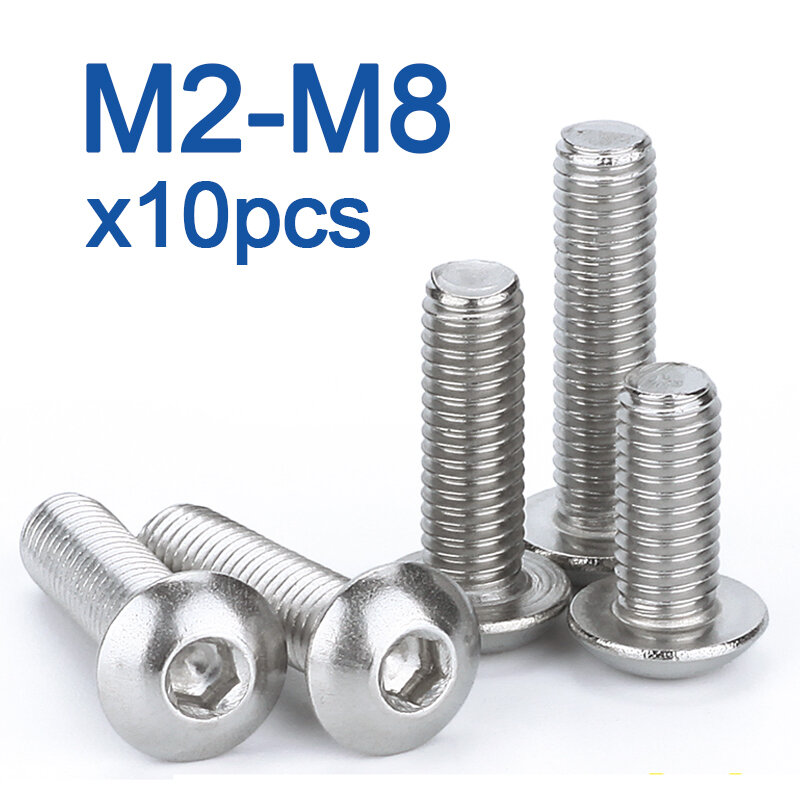 10 pièces/lot M2 M2.5 M3 M4 M5 M6 M8 304 vis à tête hexagonale à six pans creux en acier inoxydable boulons à tête ronde et plate vis de blocage