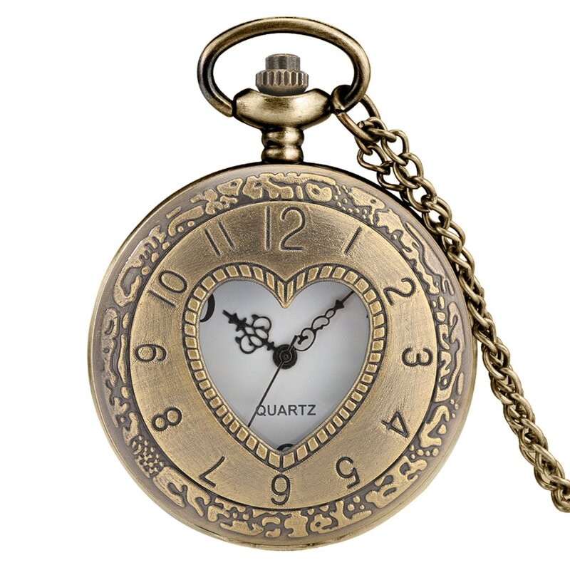 Bronze โรแมนติก Hollow LOVE Heart ออกแบบนาฬิกาควอตซ์ Retro ตัวเลขภาษาอาหรับสร้อยคอจี้นาฬิกา FOB นาฬิกา Chain
