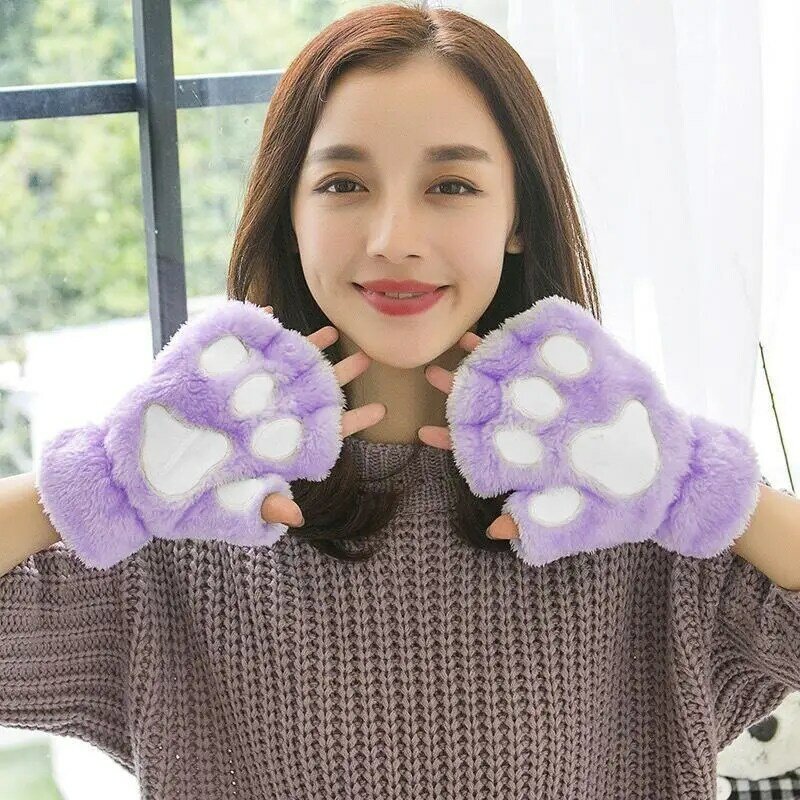 女性の冬のための猫の手袋韓国のかわいい女の子指紋のない厚い暖かいクマの足ハーフぬいぐるみファッション手袋