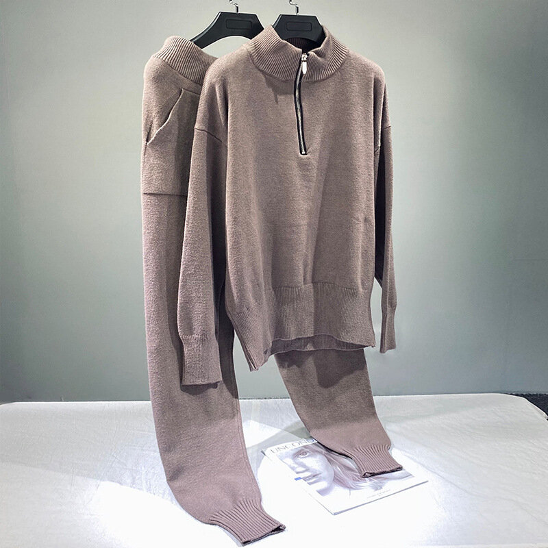 Wanita Rajutan Dua Potong Suit 2021 Baru Hangat Tinggi Leher Rajutan Setengah Zipper Sweter dan Celana Panjang dua Potong Baju Wanita