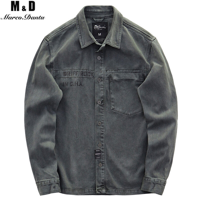 새로운 싱글 브레스트 100% 코튼 남성 셔츠, 비즈니스 캐주얼 툴링 스타일 프린트 데님 남성 셔츠 가을 슬림 셔츠 남성 재킷