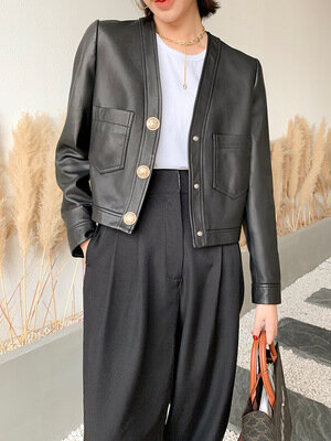 Tao Ting Li Na genuína jaqueta de couro ovino para mulheres, nova moda, real, G1