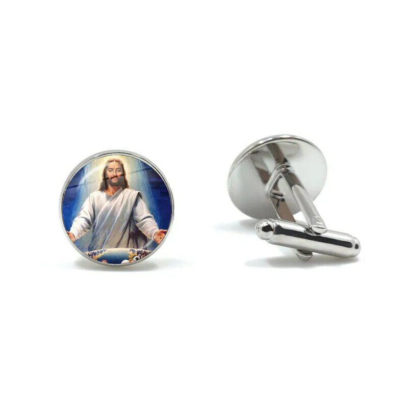 Gemelos de boda de la Virgen María y Jesús para hombres, traje de novio, gemelos con botón, joyería cristiana de Jesús