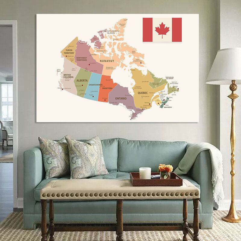 225*150cm o mapa política do canadá cartaz de parede grande, pintura em tecido não-tecido, decoração para sala de aula, material escolar