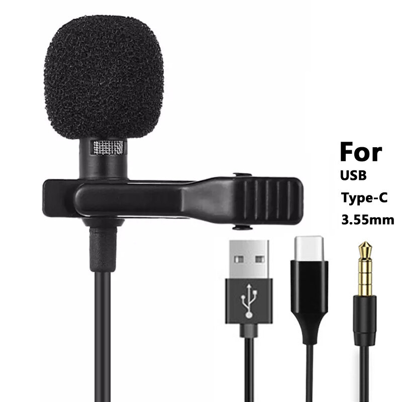 Mini Microfone de lapela portátil, Condensador, Clip-on, Lapel Mic, Com fio, USB, 3,5mm, Tipo-C, Telefone, Mac, Laptop, PC, 1,5 m