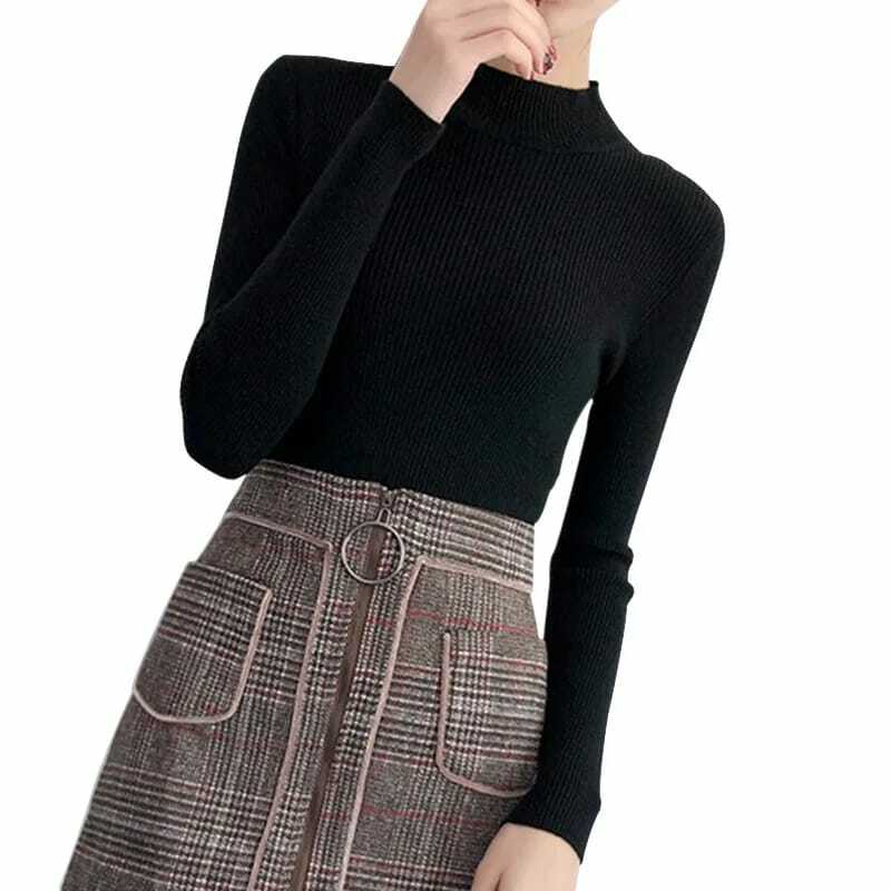 Suéter feminino slim fit de manga comprida, suéteres casuais de gola alta, monocromático moda primavera, camisolas1, 2020