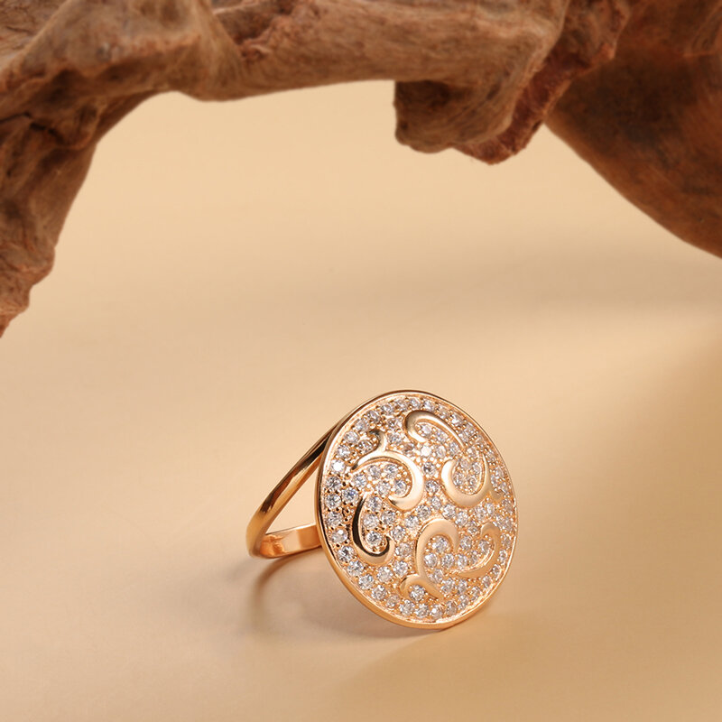 Scoujyo Cincin Bundar Warna Rose Gold Ukuran Besar 585 untuk Wanita Zircon Alami Perhiasan Murni Beraspal Penuh Cincin Trendi Desain Mewah