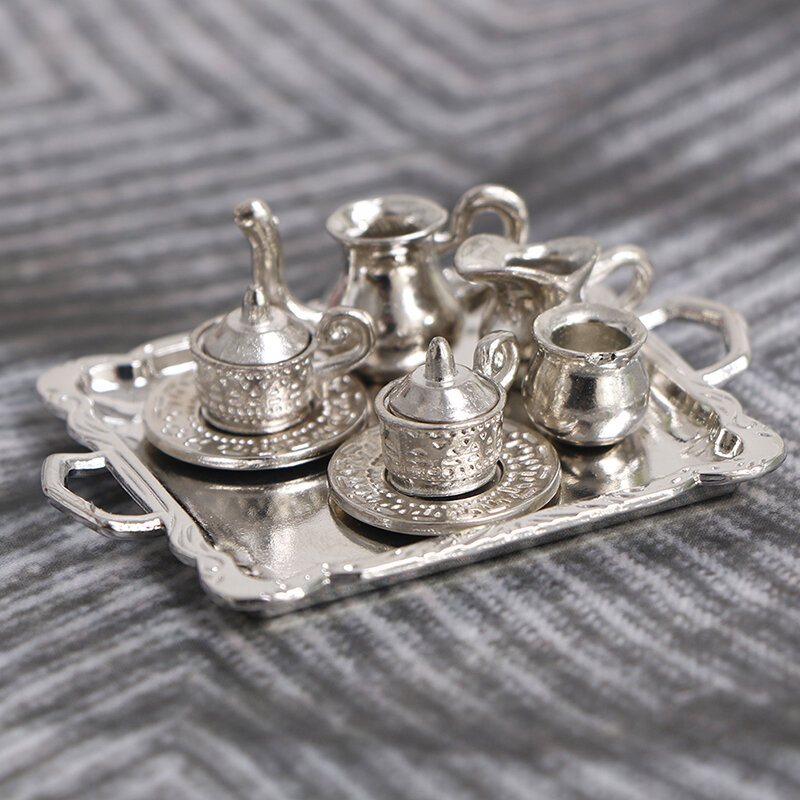 10 sztuk/zestaw 1/12 domek dla lalek miniaturowe srebrny Metal herbata kawa taca zestaw stołowy dla dekoracja do domku dla lalek