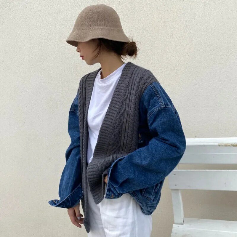 Suéter suelto con costuras para mujer, abrigo vaquero de manga larga, Chaqueta de punto coreana, ropa de talla grande, primavera y otoño, 2022