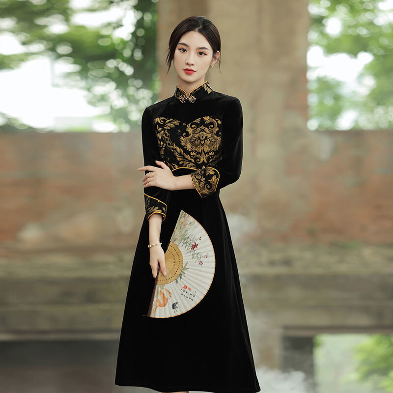 Gaya Etnik Harajuku Modern Qipao Hitam Tradisional Antik Elegan Ramping Cheongsam Meningkatkan Wanita Gaun Cina Femme Baru