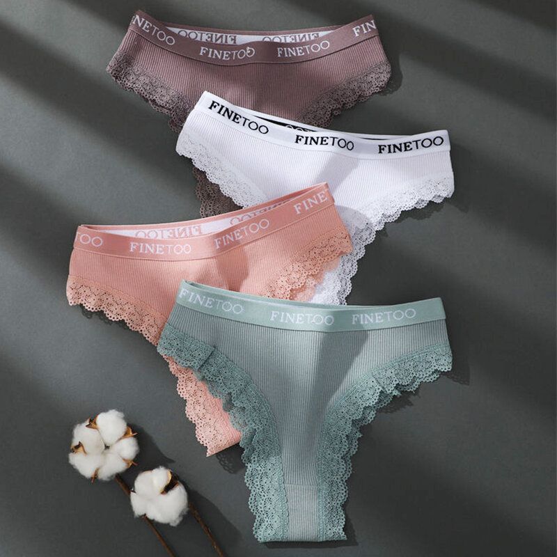 FINETOO-Culotte en coton pour femme, M-2XL sexy, slip amissié en dentelle, ceinture à lettres, sous-vêtement brésilien pour fille, lingerie grande taille