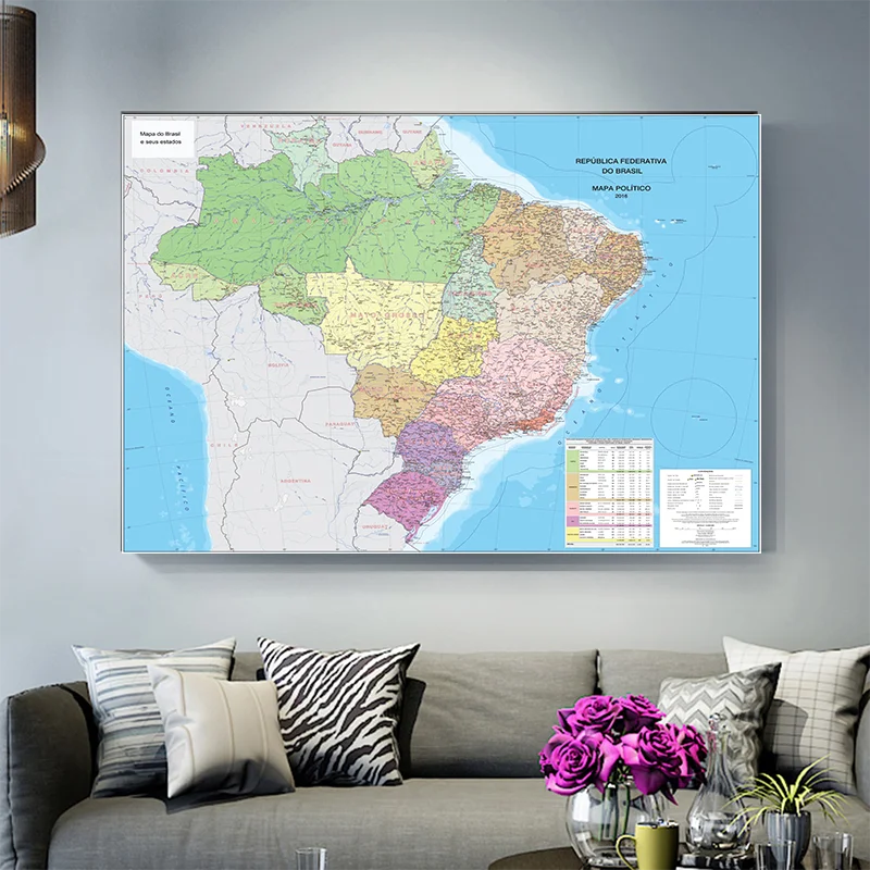 150X100Cm Peta Brasil dengan Bahasa Portugis Non-anyaman Peta Politik Besar BRASIL 2016 Rinci Poster Gambar Dilipat