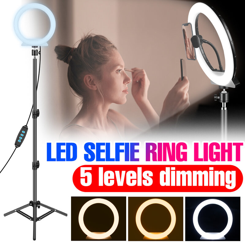 Lampu Cincin LED dengan Tripod LED Tepi Lampu Cahaya Selfie USB 5V Bohlam 10 Inci Lampu Cincin Hati untuk Makeup Video Live Telepon Youtube