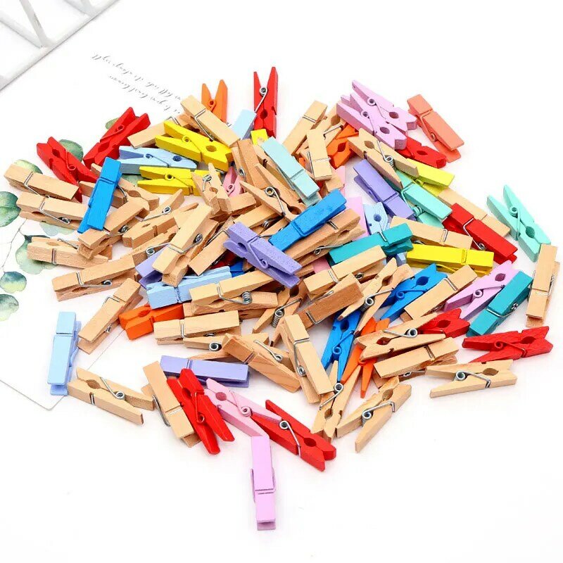 50Pcs/set 35MM Mini Colorful Wooden Clip Photo Clamp DIY Craft Decoration Office Postcard Memo Paper Clips With 10M String Rope