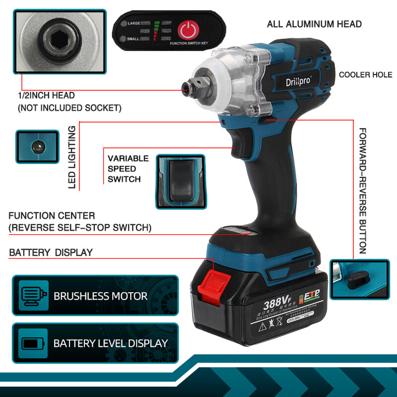 388vf Brushless Cordless Electric Impact Wrench 1/2inch Power Tools 15000Amh Li Battery +LED light Adapt to Makita 18V Battery