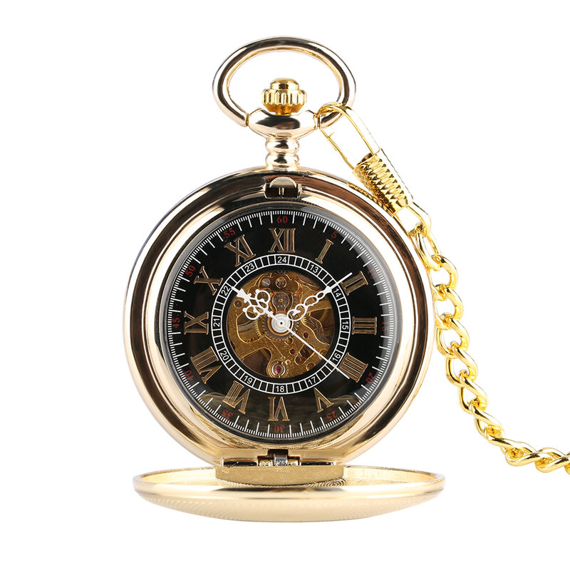 Ekskluzywny złoty zegarek kieszonkowy mężczyzna kobieta wykwintne okładka wzór czarny mechaniczne cyfry Dial gruby łańcuch wisiorek mały zegar