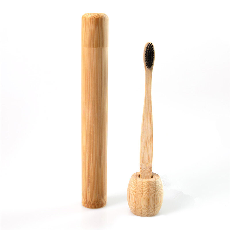 Ensemble de brosses à dents en bambou naturel pour adultes et enfants, support de voyage portable en option, étui en bambou lavable sans BPA, 1 jeu