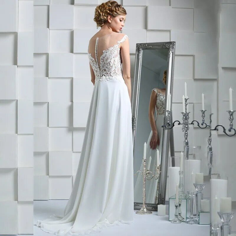 Gaun pernikahan sifon A-Line elegan, gaun pernikahan 2023 untuk topi pengantin, lengan atas renda ilusi kancing, gaun pernikahan leher-o