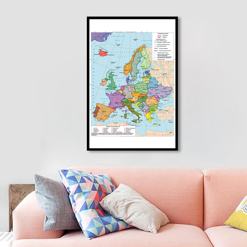 Póster Artístico de pared con mapa de Europa para decoración del hogar, suministros escolares, póster de lona, mapa de Europa en ruso, 59x84cm