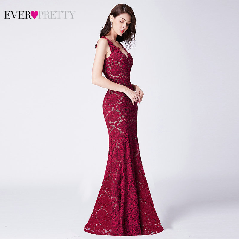 Burgundy Prom Dresses Long Ever Pretty EP07389BD Elegant Mermaid V Neck Sleeveless Lace Formal Party Gowns Vestiti Da Sera 2020