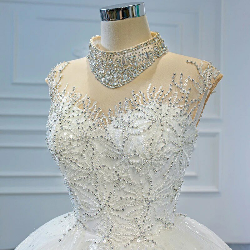 J67118 jancember branco vestidos de casamento 2020 cristal decote alto sem mangas frisado vestido de festa de boda с2020