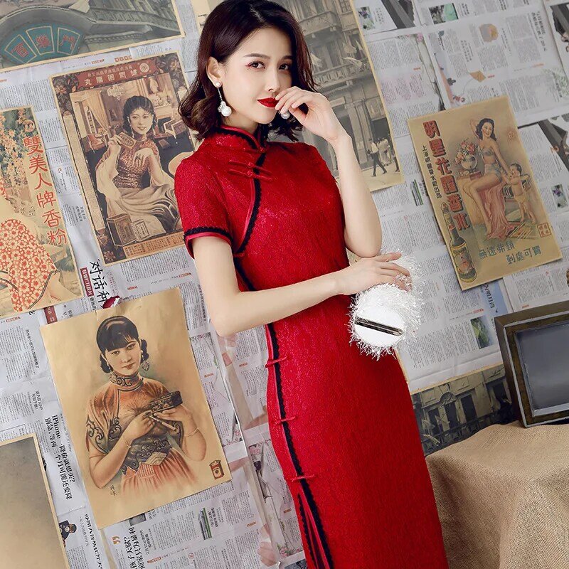 Robe chinoise qipao courte en dentelle pour femme, Cheongsam moderne, Qi Pao, robe de soirée vintage Ao Dai, robe élégante, haute qualité améliorée, 2020