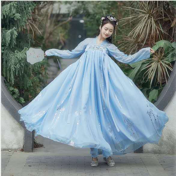 الصينية القديمة التقليدية الأداء ملابس فانتازيا الأزواج تأثيري حلي يتوهم حجم كبير أبيض أزرق فستان صيني المرأة