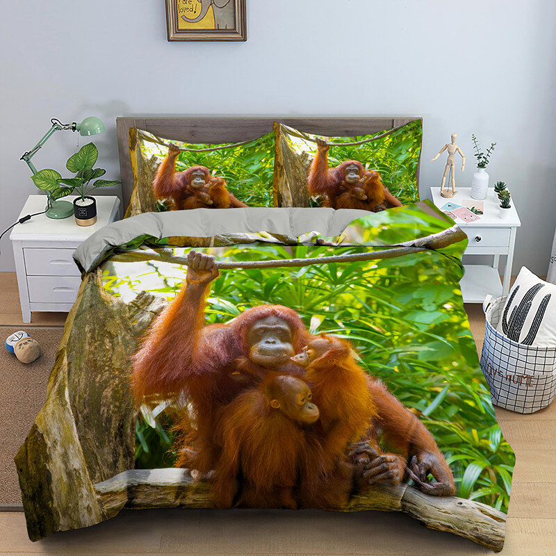 Set Selimut Penutup Orangutan Hutan Perawan 3D Set Tempat Tidur Mewah Selimut Ukuran King Queen Tunggal Seprai Remaja Anak-anak Laki-laki Dewasa