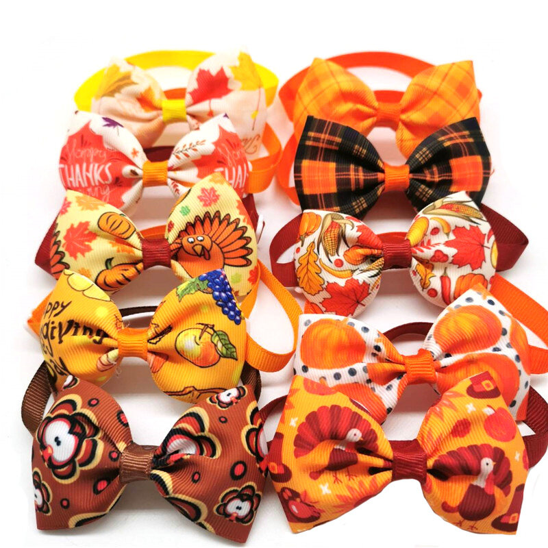 30/50pcs Thanksgiving Day Pet Bow Ties Maple Leaf Turkey Pet Cat Dog Collar Bowties Neckties Pet Fall Ties Grooming Products