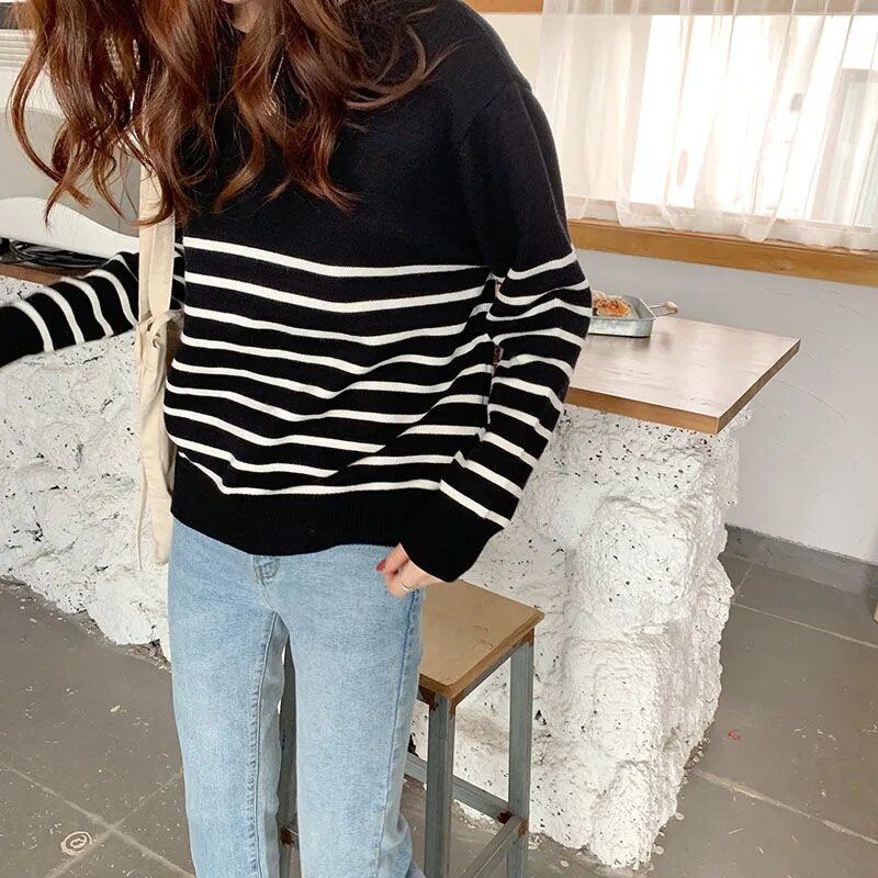 Sueters De Mujer Black And White Striped O-Collar Pullover Vintage Women Tops Casual Korean Version Fashion Knitted Slim Sweater