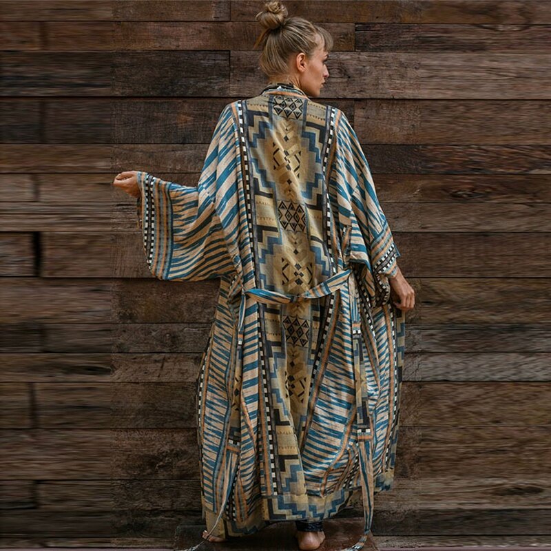 Retro-fashion geometryczny Kimono Tie długi sweter z wzorem w romby Bohemia kostka Lady Girl długość płaszcz Bikini obejmuje na plażę