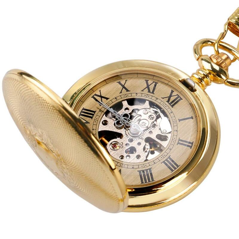 YISUYA Luxus Goldene Schild Automatische Mechanische Skeleton Retro Römischen Numberal Pocketwatch Anhänger Kette Analog Selbst Wind Uhr