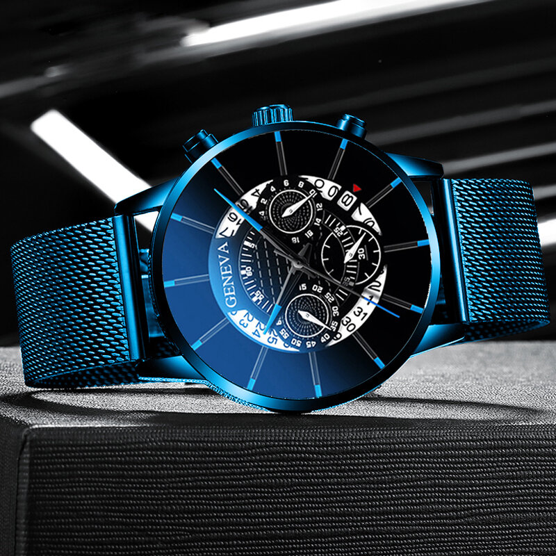 Reloj Hombre 남성용 패션 비즈니스 캘린더 시계, 블루 스테인레스 스틸 메쉬 벨트, 아날로그 쿼츠 손목 시계