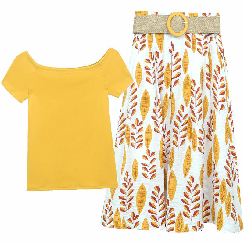 Conjunto feminino 2 peças, camiseta de verão, top básico sem ombro, saia com estampa de folha de cintura alta, conjunto de moda com cinto trançado grátis