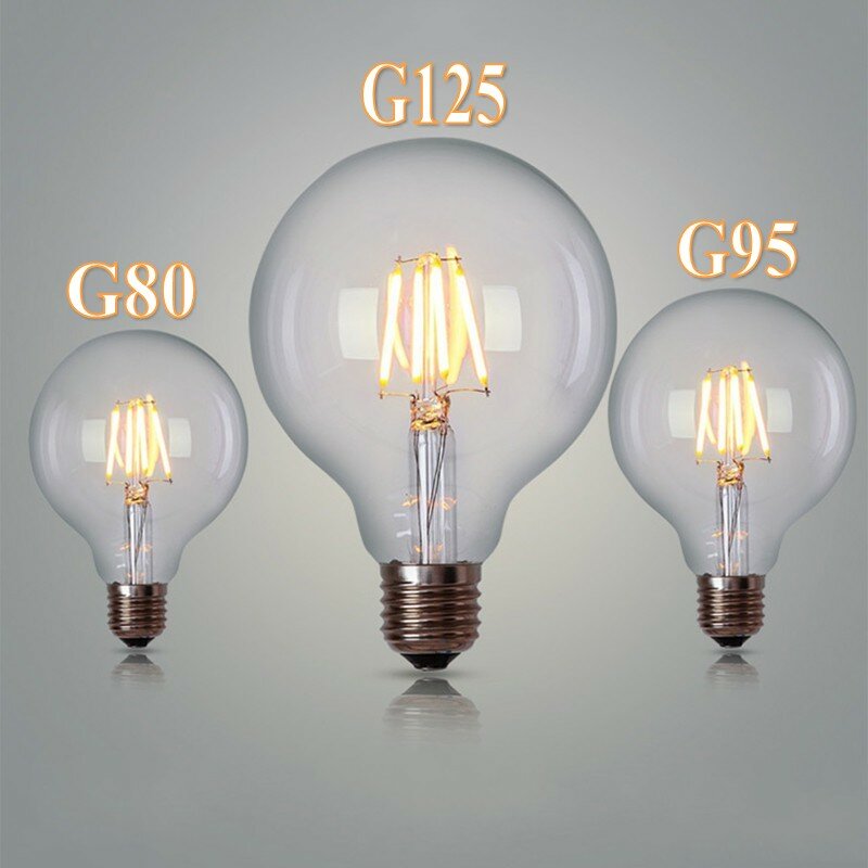 屋内ランプ用の大型グローバル電球,LEDフィラメント電球,g80,g95,g125,6w,10w,12w,e27,透明ガラス,ac 220v