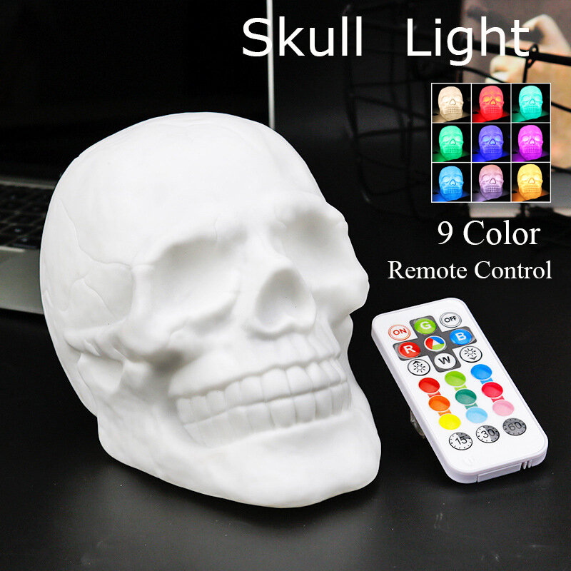Silicone Remote Control Colorful Skull Head LED  Light Pat Light Creative Color Change Gift Night Light Atmosphere Table Lamp